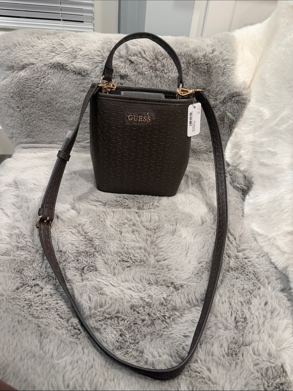 NWT GUESS Chocolate Brown Monogram Mini Bucket Bag Crossbody Handbag Satchel